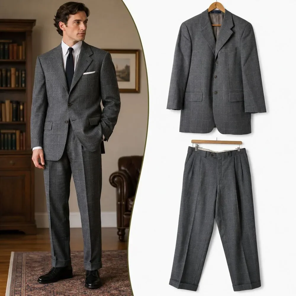 VTG 90s Ralph Lauren Wool 2Pc Suit 40R Gray 34 Waist Windowpane Plaid Canada